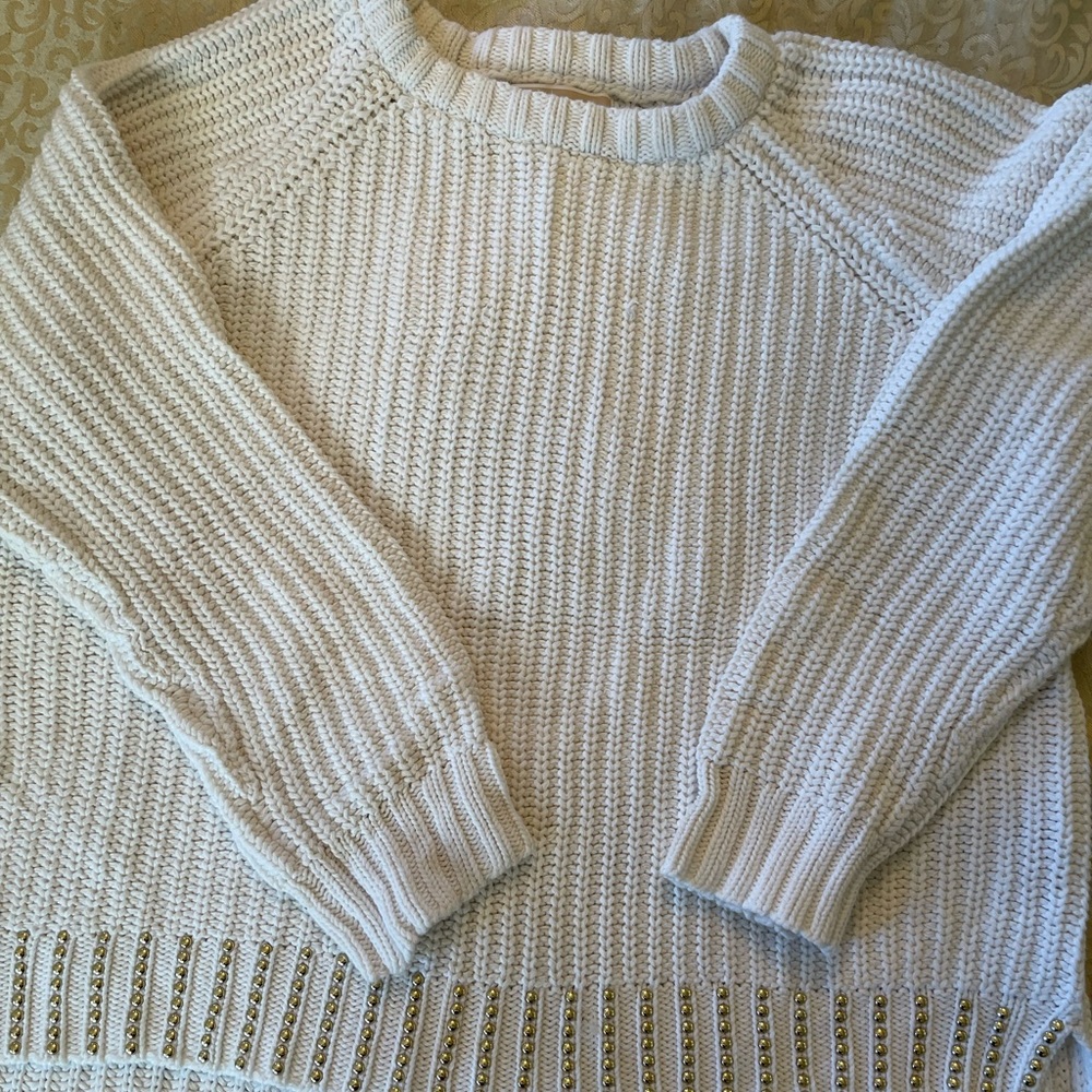 MICHAEL KORS GOLD STUDDED CREAM KNIT SWEATER SIZE L